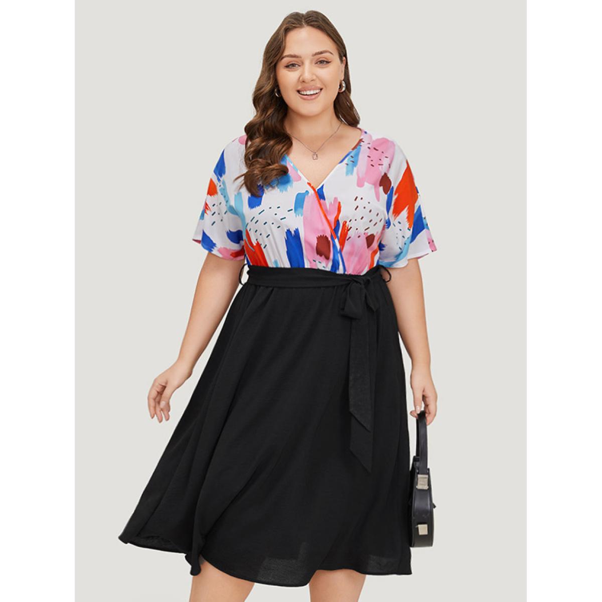 Plus Size Brush Print Surplice Neck Belted Patchwork Flutter Dress Black Women Office Wrap V-neck Short sleeve Curvy Midi Dress BloomChic 28/5X Product Image