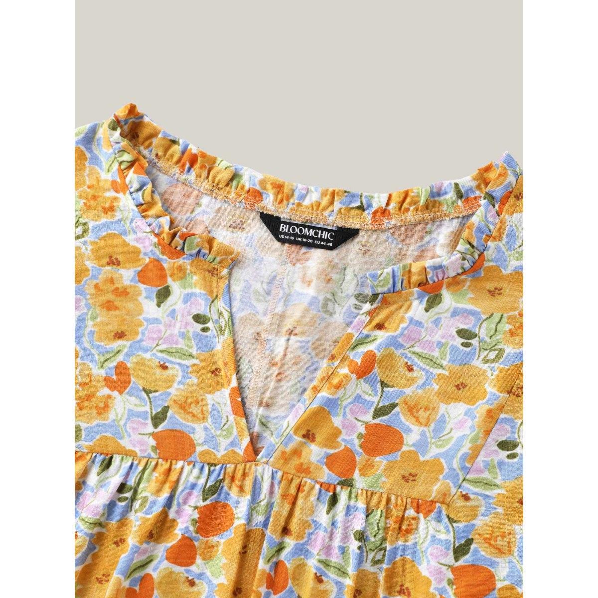 Plus Size LightBlue Rayon Ruffled Notched Collar Blouse Women Timeless Half Sleeve Notched collar Elegant Blouses BloomChic 10/M Product Image