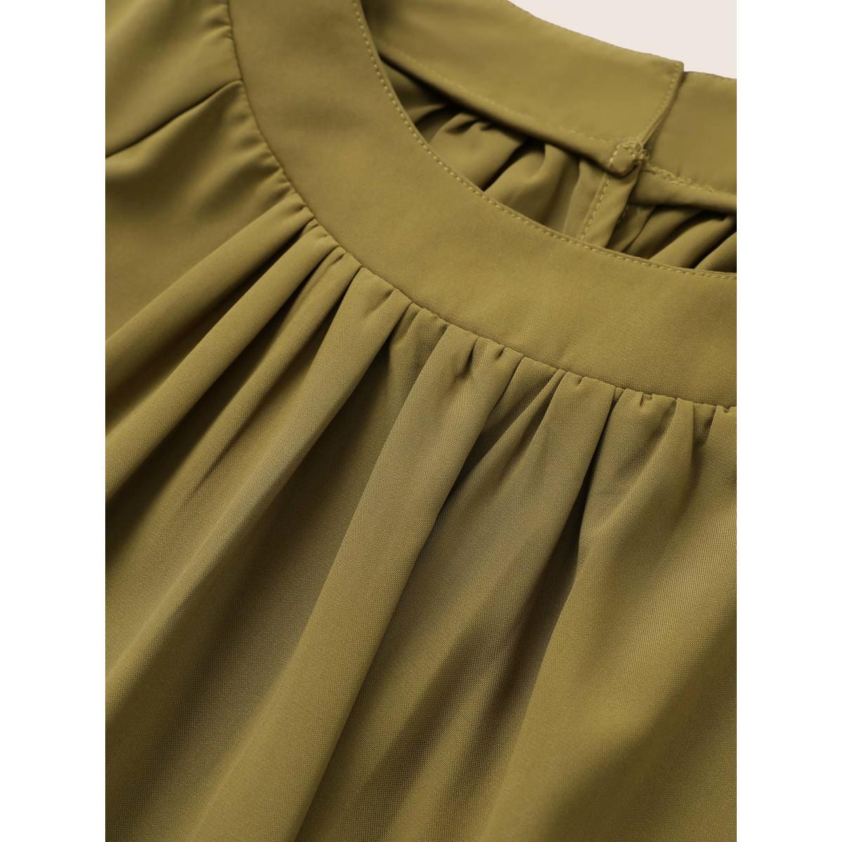 Plus Size ArmyGreen Static-Free Plain Gathered Button Detail Blouse Women At the Office Elbow-length sleeve Round Neck Work Blouses BloomChic 28/5X Product Image