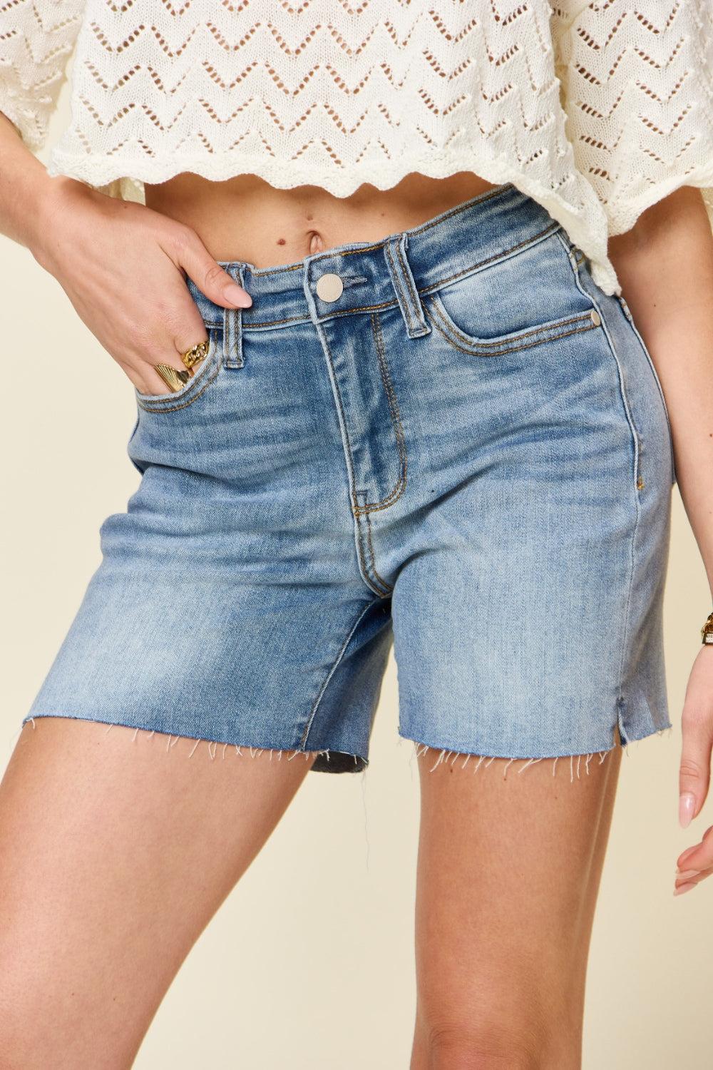 Simone Mid-Rise Raw Hem Denim Judy Blue Shorts - ONLINE EXCLUSIVE! Product Image