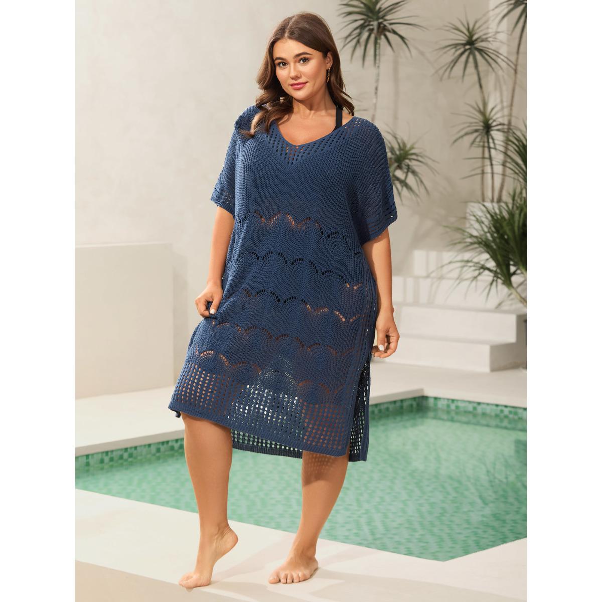 Plus Size Side Slit Cut-Out Swim Cover-Up Women's Swimwear Indigo Resort Loose Texture Curve Swim Cover Ups BloomChic 10/M Product Image
