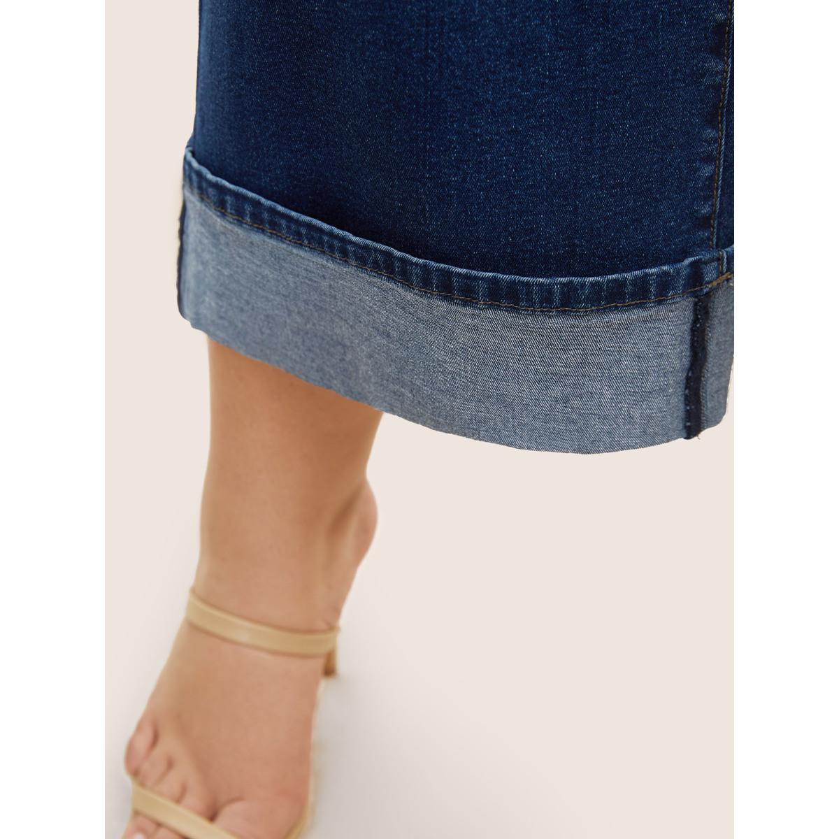 Plus Size Dark Wash Roll Hem Cropped Wide Leg Jeans Women Denimblue Casual High stretch Slanted pocket Jeans BloomChic 18/2X Product Image