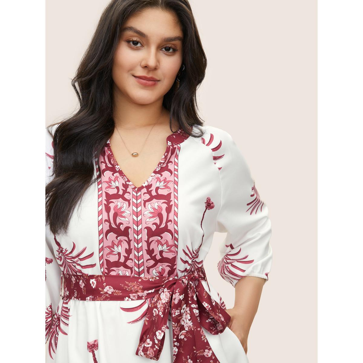 Plus Size Boho Print Notched Belted Gathered Lantern Sleeve Dress Red Women Resort Non Notched collar Long Sleeve Curvy Midi Dress BloomChic 22-24/3X Product Image