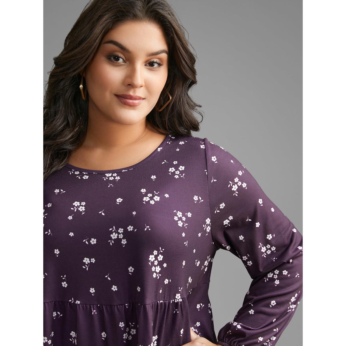 Plus Size Ditsy Floral Gathered Ruffle Hem T-shirt Eggplant Women Casual Gathered Natural Flowers Round Neck Loose Everyday T-shirts BloomChic 14-16/1X Product Image