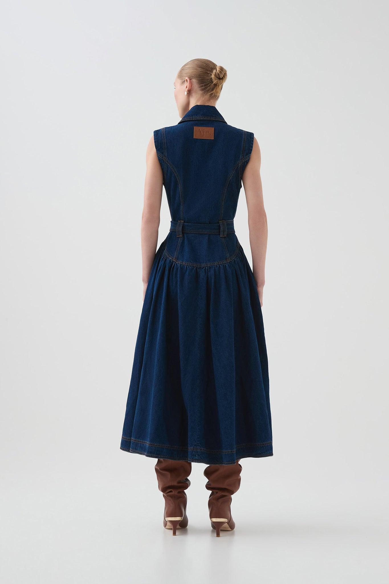 Elena Belted Denim Midi Dress Product Image