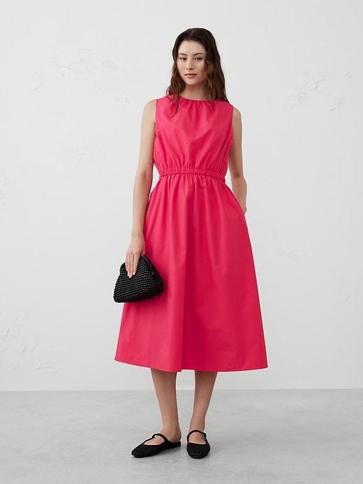 Gathered Elastic-Waist Midi Dress Product Image