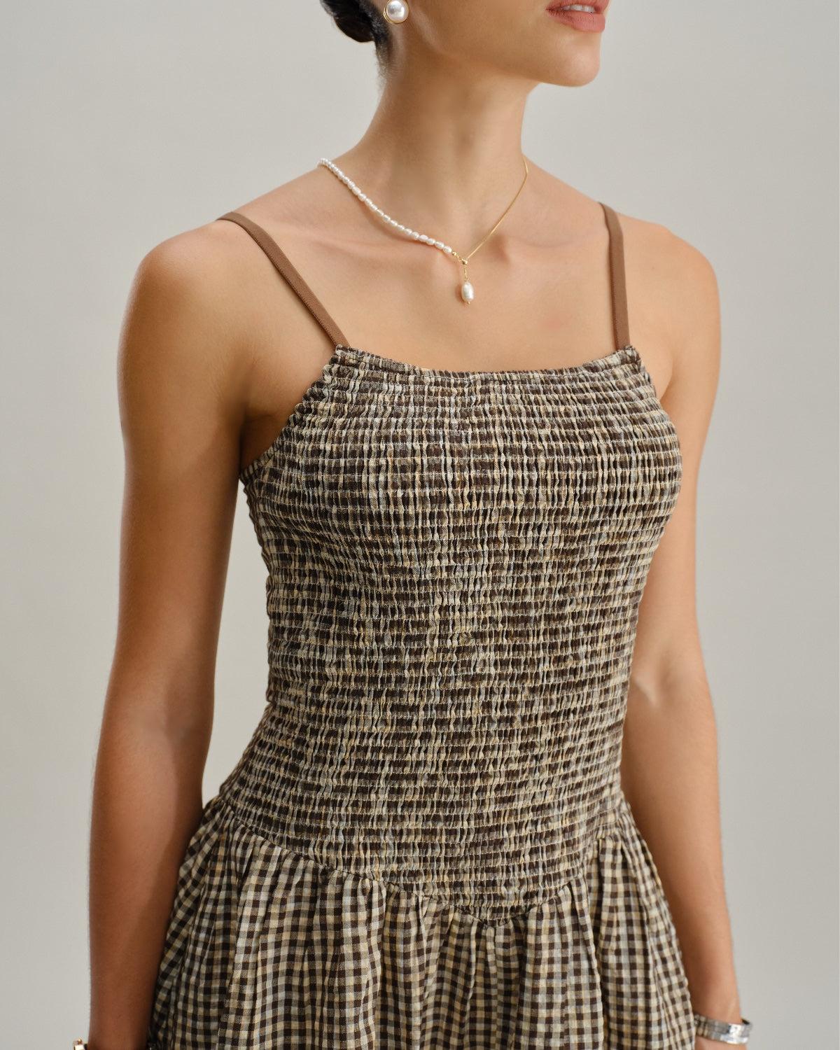 Brown Plaid Shirred Slip Midi Dress Product Image