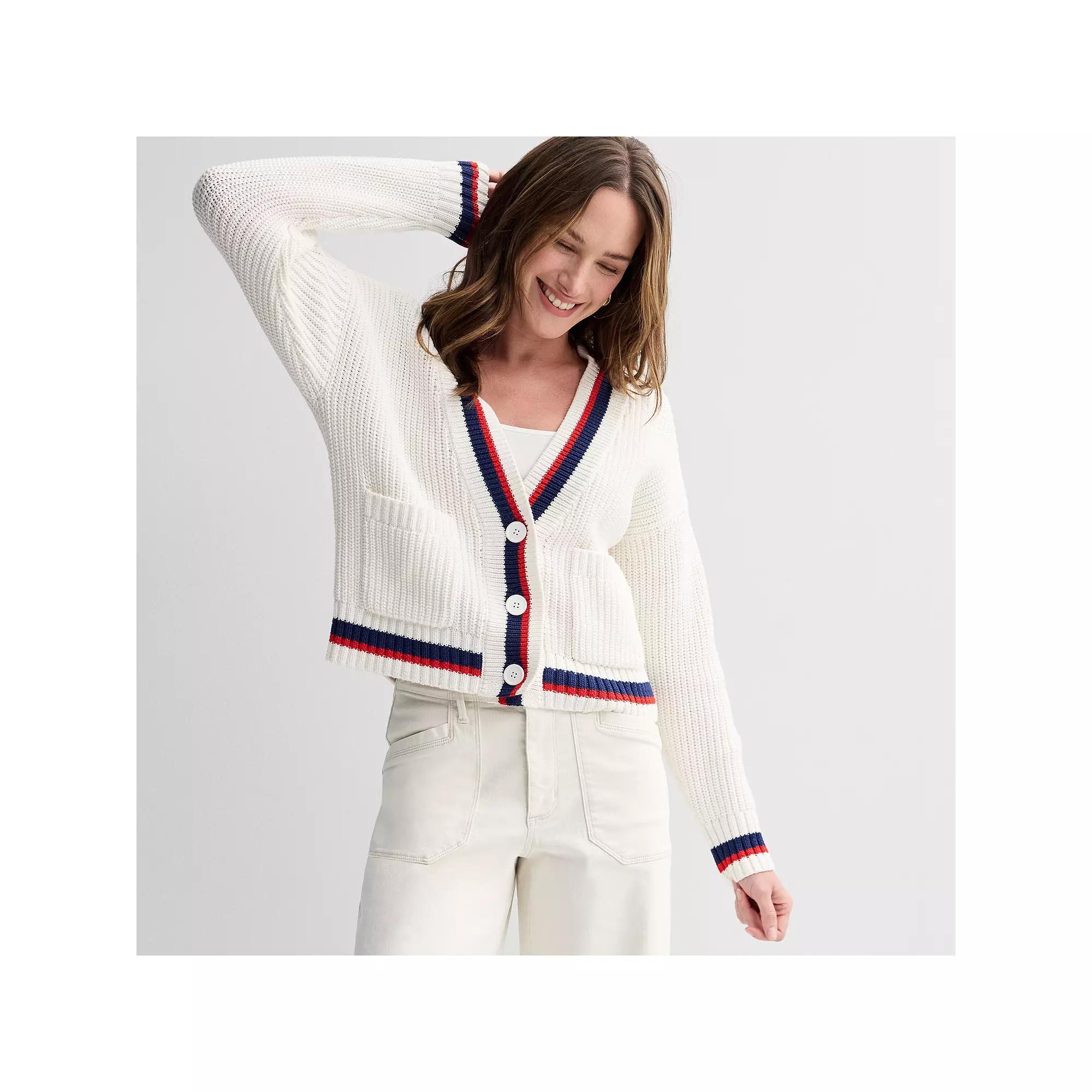 Women's Sonoma Goods For Life® Button-Front Pocket Cardigan, Size: Medium, Ivory Red Blue Tipping Product Image