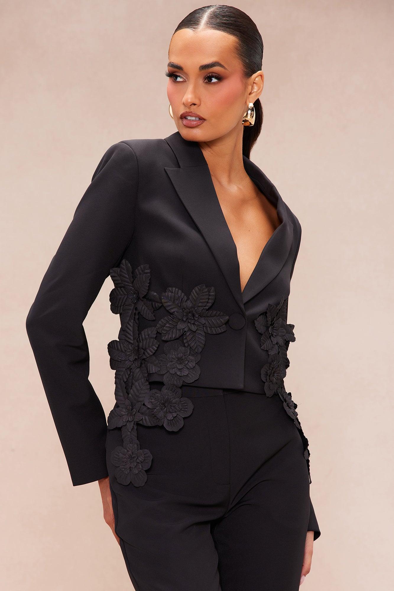 Vera Floral Applique Pant Suit Set - Black Product Image