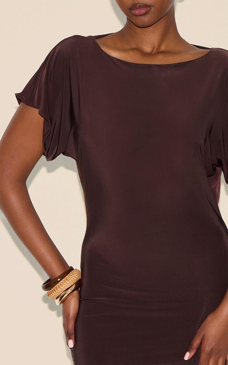 Chocolate Double Layered Slinky Ruched Short Sleeve Mini Dress Product Image