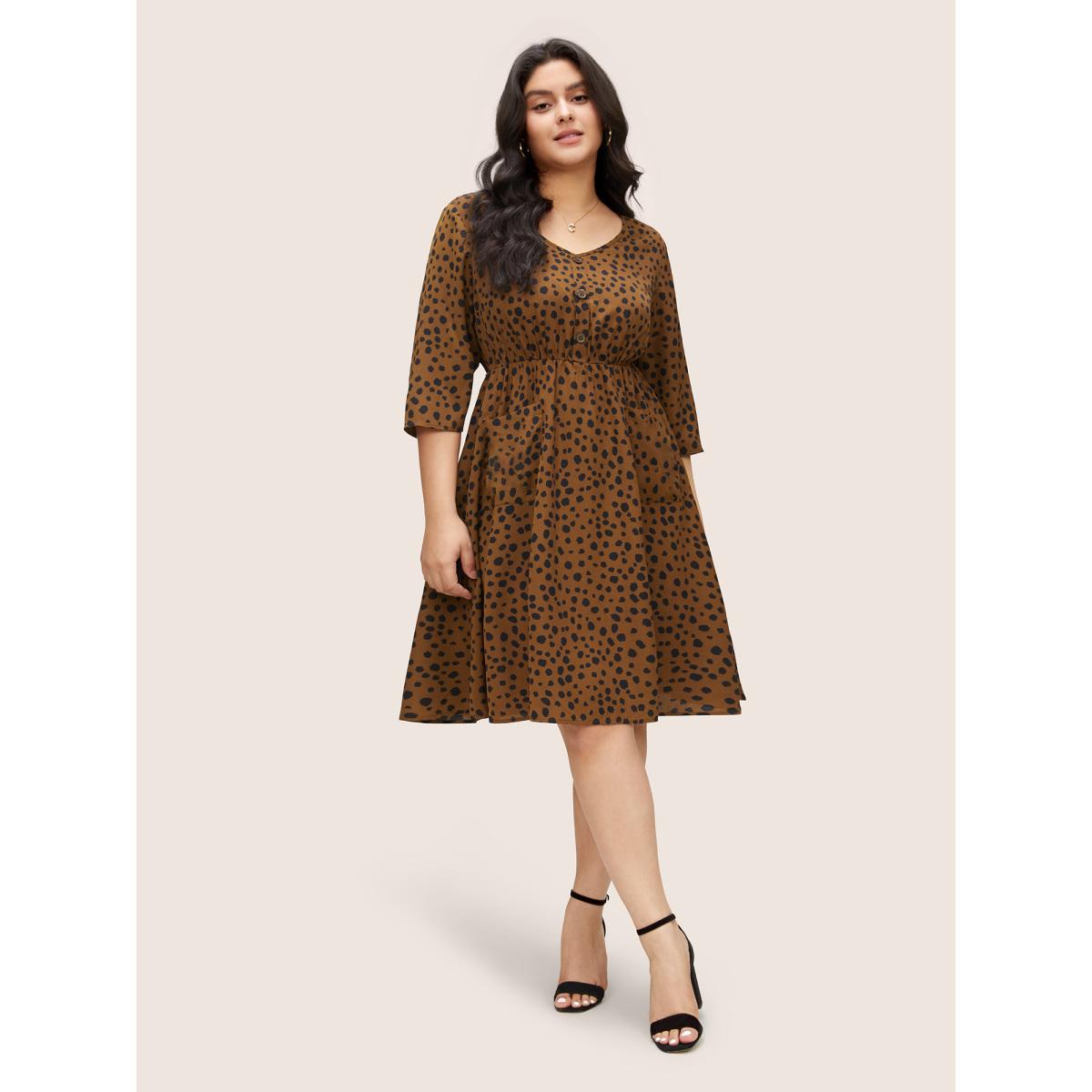 Plus Size Leopard Elastic Waist Pocket Button Detail Dress Chocolate Women Work From Home Non V-neck Elbow-length sleeve Curvy Midi Dress BloomChic 18-20/2X Product Image