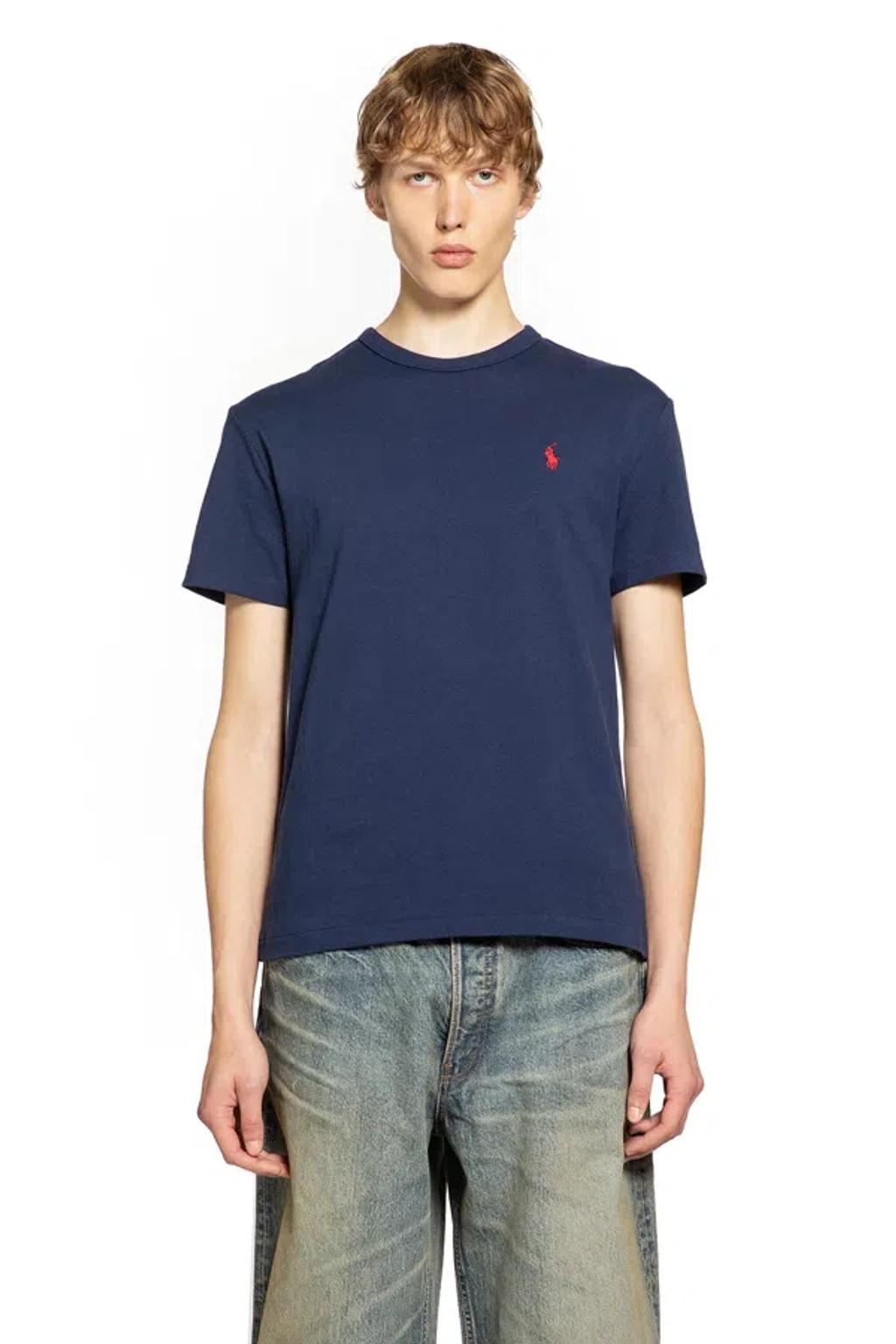 POLO RALPH LAUREN Custom Slim Fit Blue Crewneck T-shirt With Pony Embroidery On The Front In Cotton Man Product Image