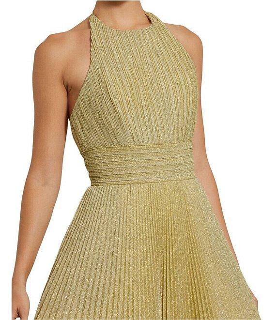 Mac Duggal Halter Neckline Pleated Glitter Knit Ballgown Product Image