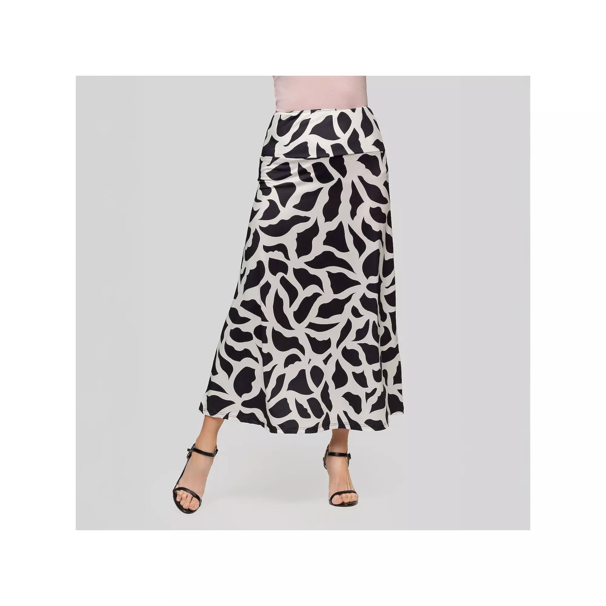 Women's 24Seven Comfort Apparel Print Elastic Waist A-Line Maxi Skirt, Size: Large, Black Team Product Image