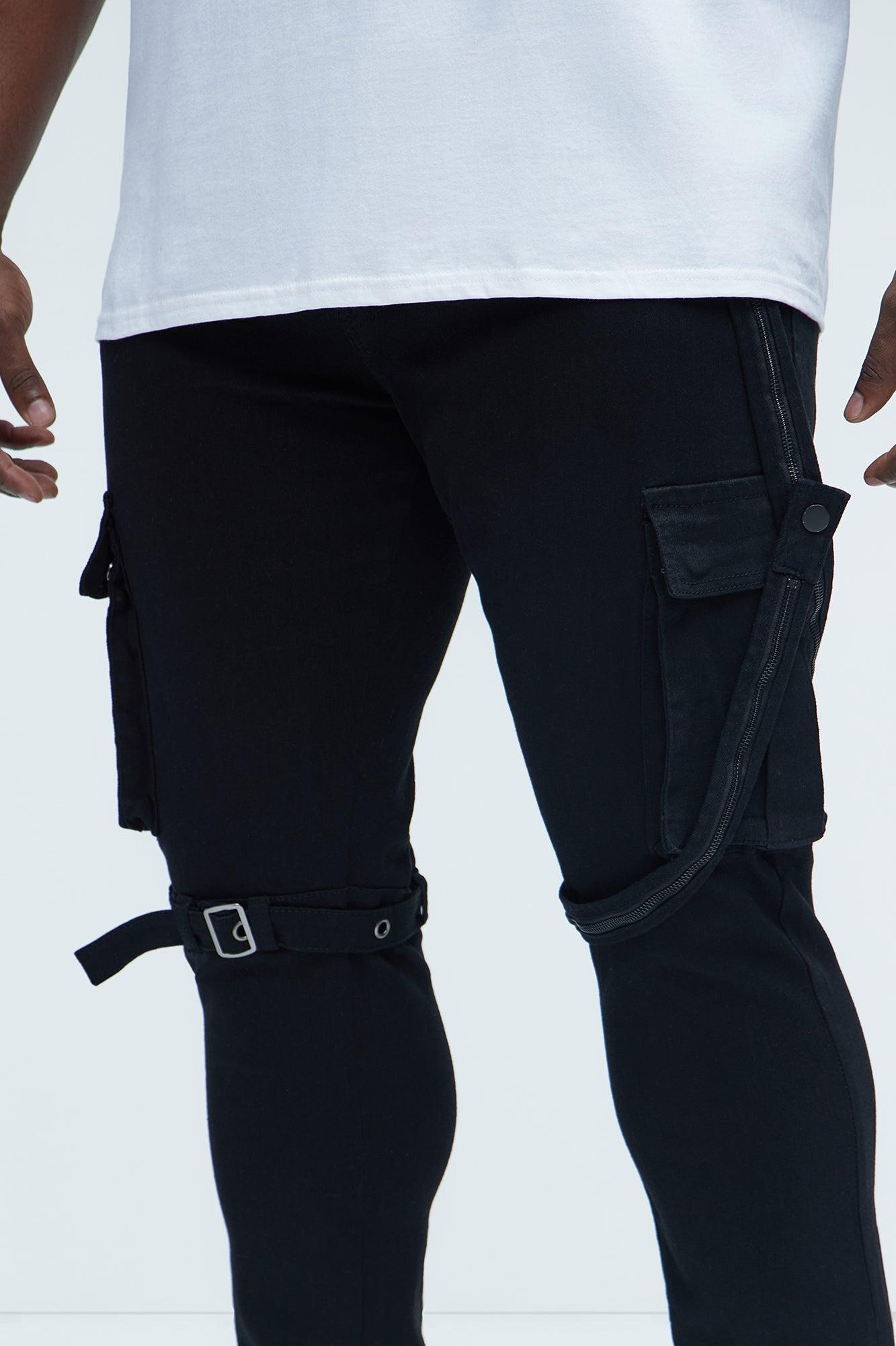 Buckle And Strap Stacked Skinny Jeans - Black Product Image