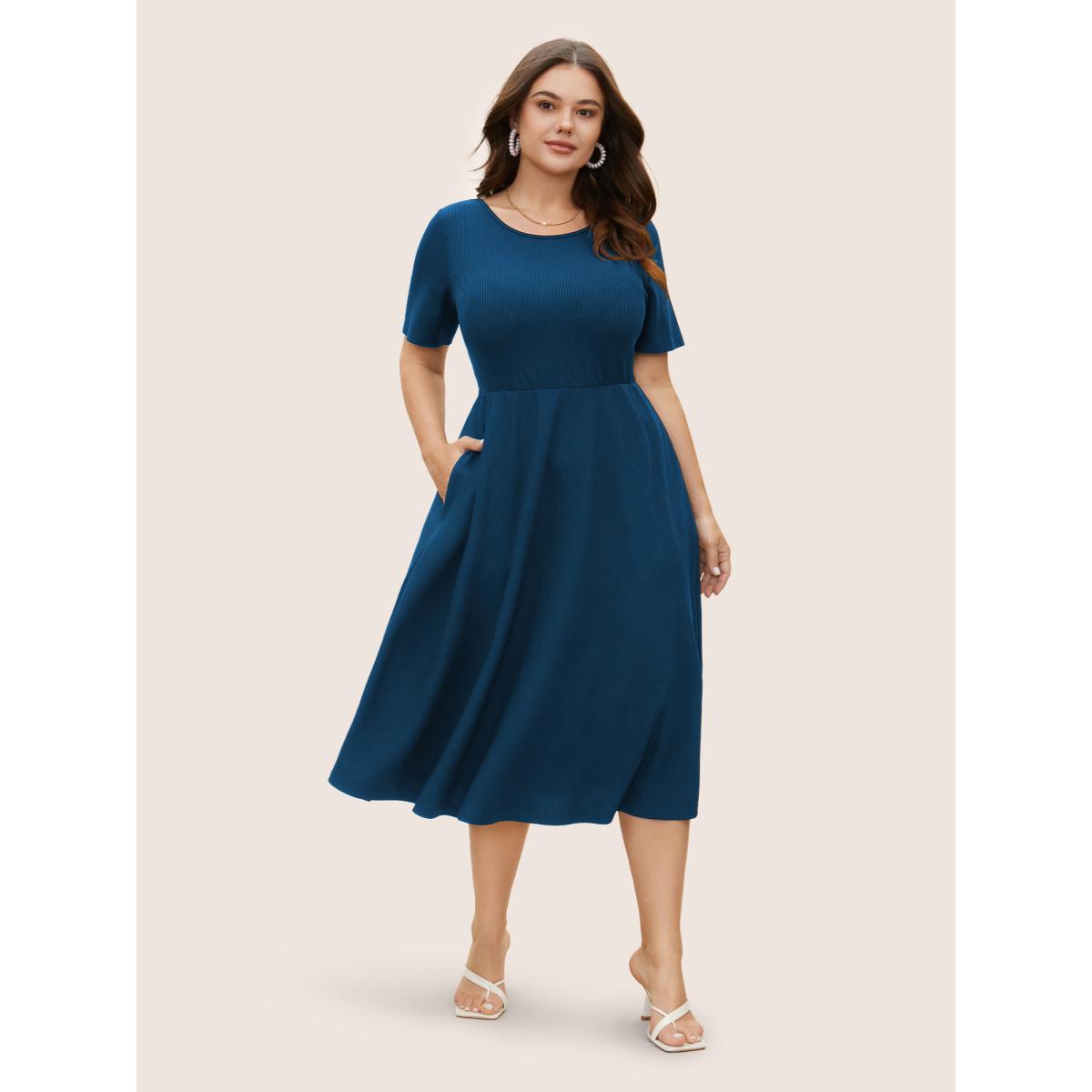 Plus Size Round Neck Contrast Back Bowknot Midi Dress DarkBlue Women Elegant Tie knot Round Neck Short sleeve Curvy BloomChic 22-24/3X Product Image
