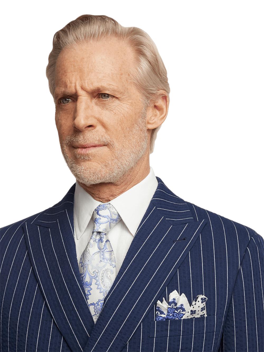 Cotton Stretch Pinstripe Peak Lapel Suit - Navy Product Image