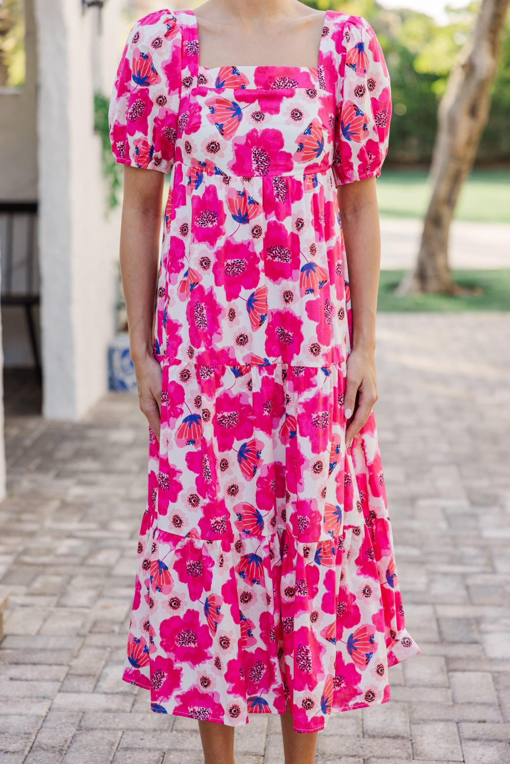 Answer The Call Hot Pink Floral Midi Dress Female Product Image