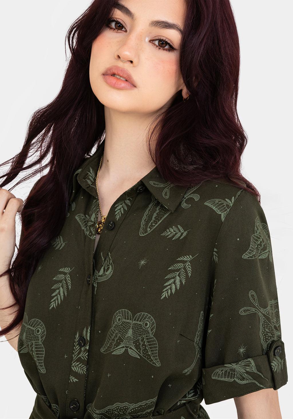 Callopistria Moth Print Mini Shirt Dress - Green Product Image