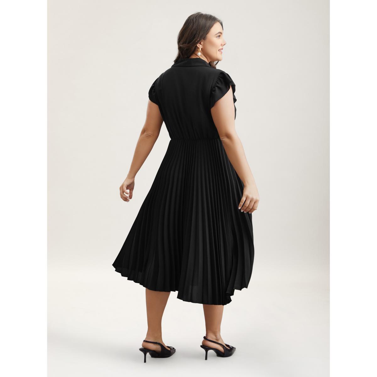 Plus Size Pleated Shirt Collar Solid Midi Dress Black Women Office Pleated Shirt collar Cap Sleeve Curvy BloomChic 26/4X Product Image