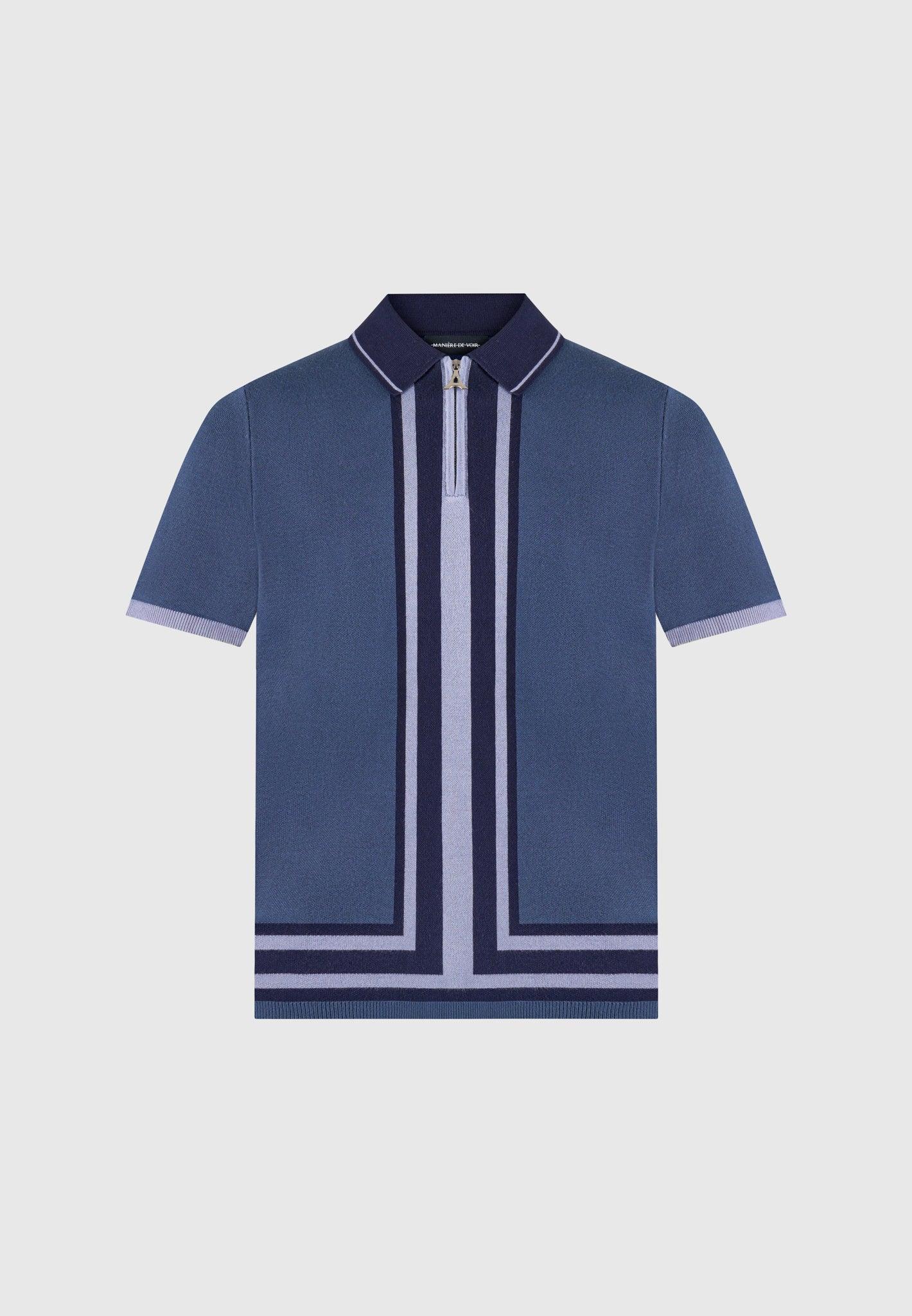 Contrast Border Knit Zip Polo Shirt - Blue Male Product Image