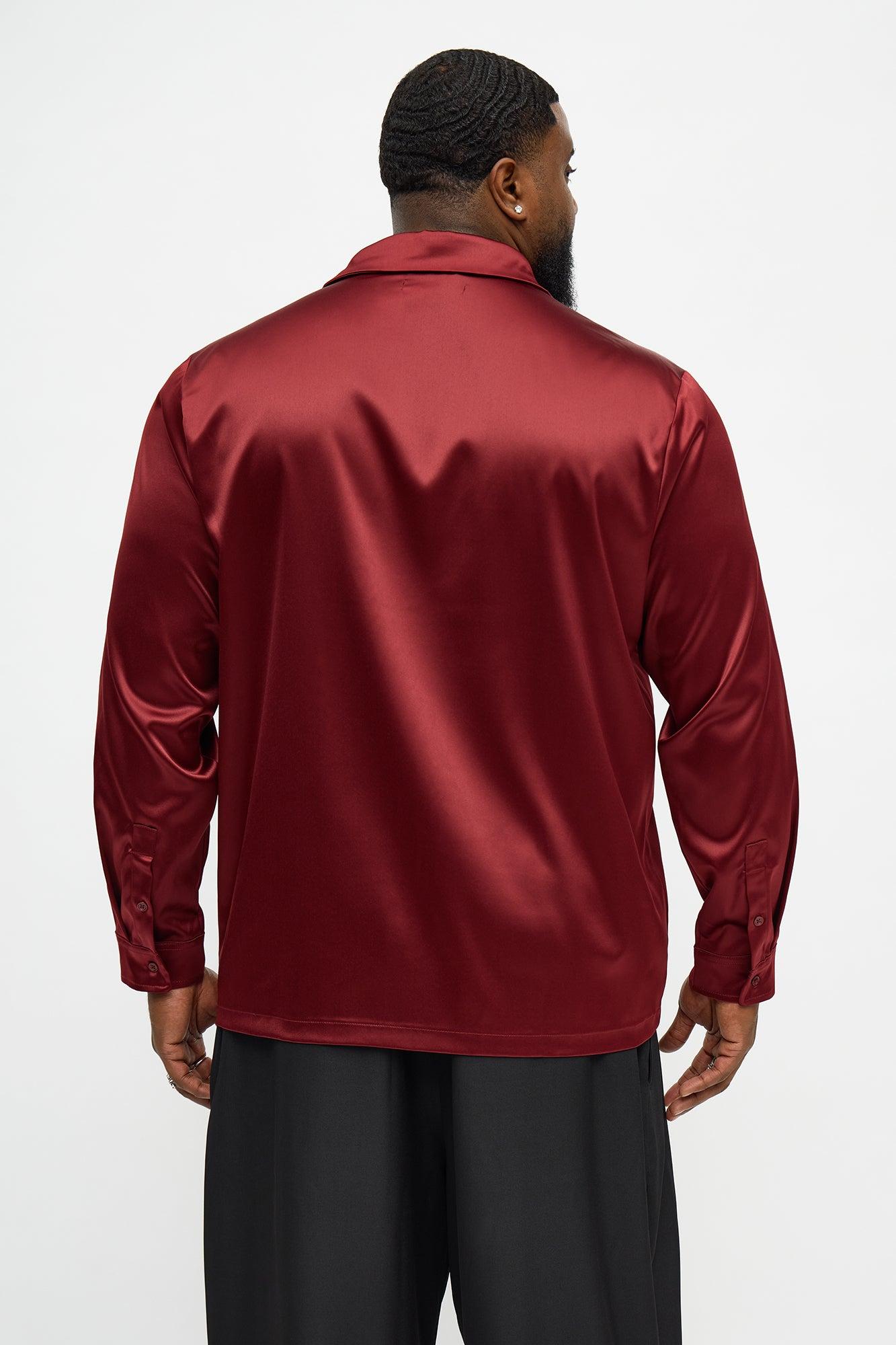 Links Satin Long Sleeve Button Up Shirt - Burgundy Product Image