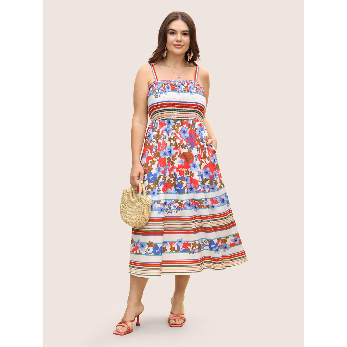 Plus Size Floral Print Shirred Cami Midi Dress Originalwhite Women Resort Square Neck Sleeveless Curvy BloomChic 28/5X Product Image