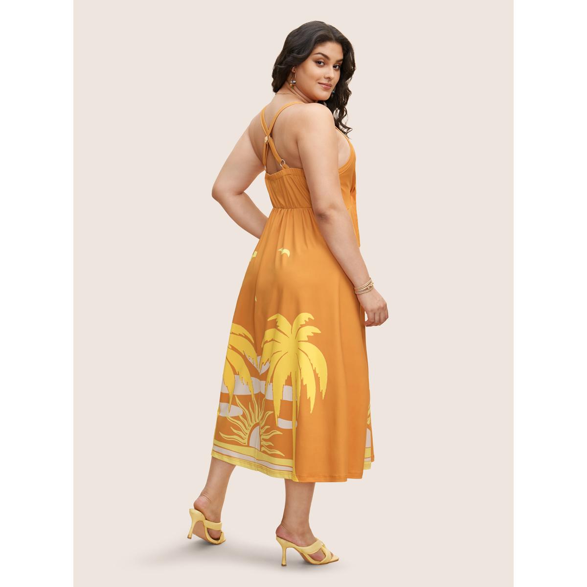Plus Size Heart Neckline Tropical Print Tie Knot Midi Dress Turmeric Women Resort Tie knot Heart neckline Sleeveless Curvy BloomChic 28/5X Product Image