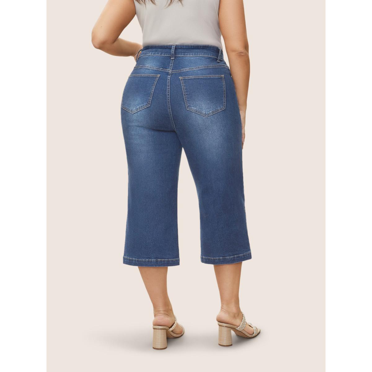 Plus Size Medium Wash Wide Leg High Stretch Jeans Women Midblue Timeless Plain Button High stretch Slanted pocket Jeans BloomChic 22/3X Product Image