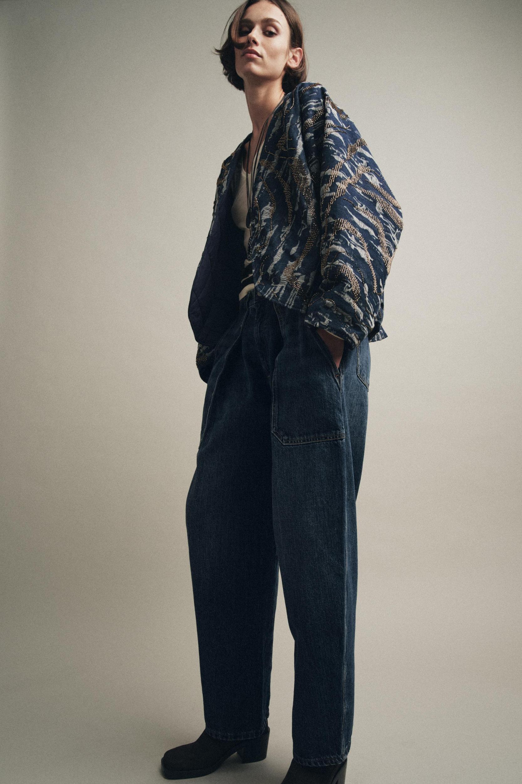 BEADED DENIM EFFECT PADDED KIMONO Product Image