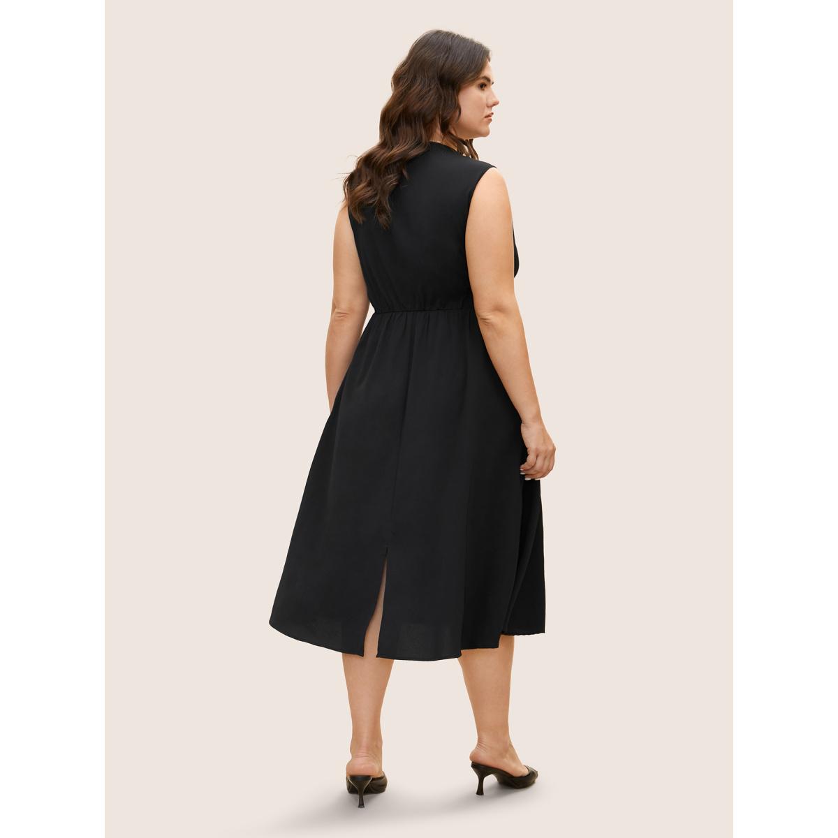 Plus Size V Neck Plain Split Hem Sleeveless Midi Dress Black Women At the Office Button V-neck Sleeveless Curvy BloomChic 14-16/1X Product Image