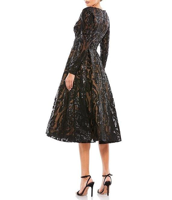 Mac Duggal Deep V-Neck Long Sleeve Fully Lined Sequin Fit and Flare Midi Dress Product Image
