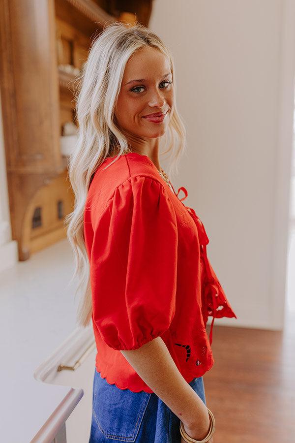 Vineyard Villa Embroidered Front Tie Top in Red Product Image