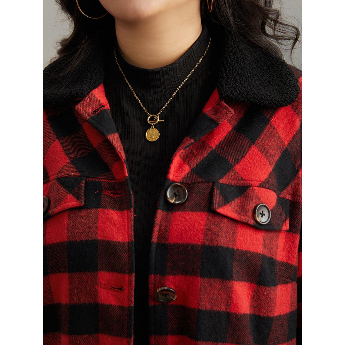 Plus Size Plaid Button Through Patchwork Contrast Shacket Women Red Casual Contrast Ladies Dailywear Winter Coats BloomChic 22-24/3X Product Image