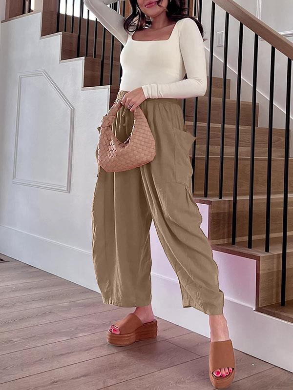High Waisted Loose Drawstring Elasticity Pleated Pockets Solid Color Ninth Pants Trousers Product Image