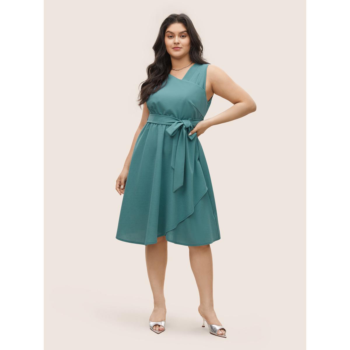 Plus Size Asymmetrical Neck Pleated Belted Sleeveless Dress Emerald Women At the Office Non Asymmetrical Neck Sleeveless Curvy Midi Dress BloomChic 22-24/3X Product Image