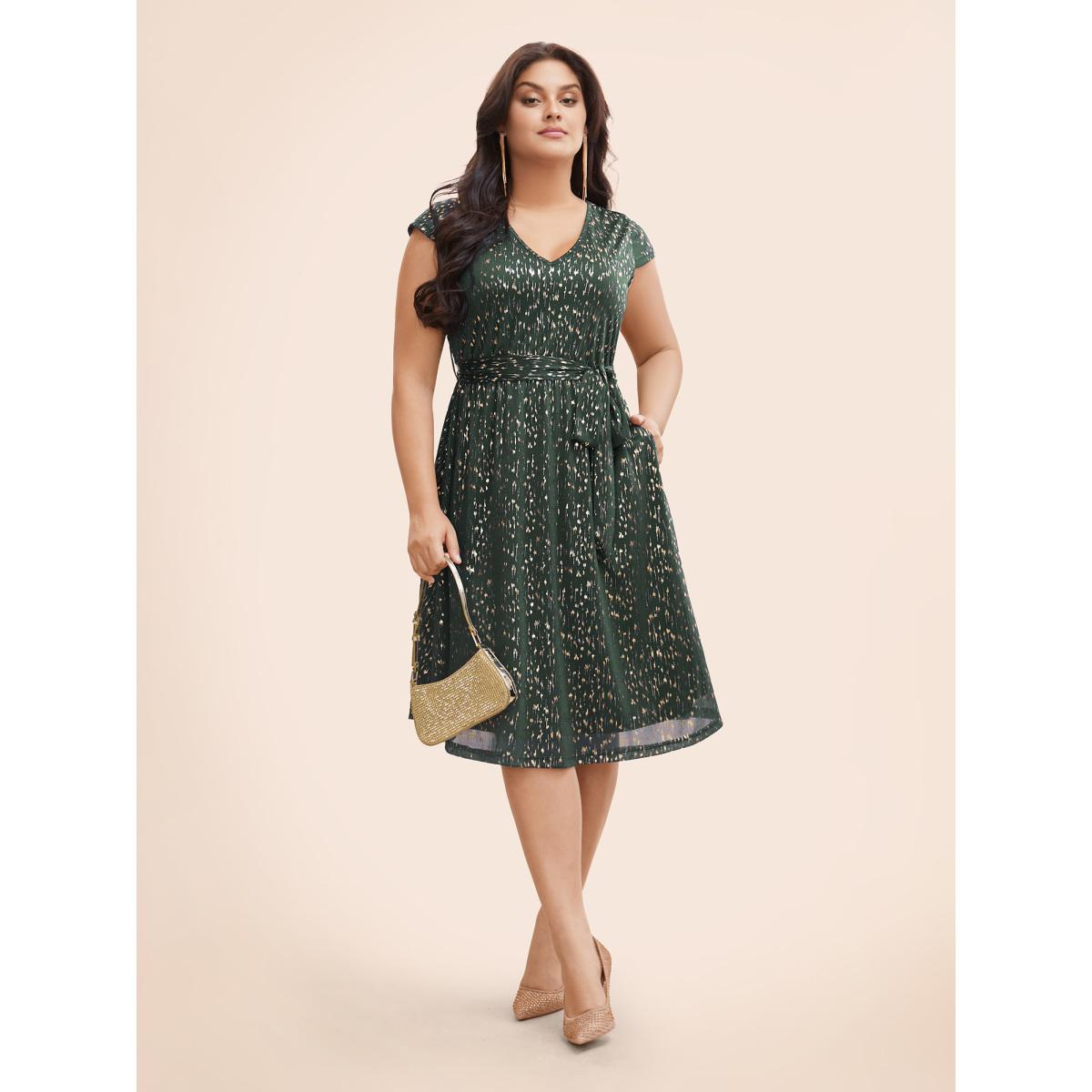 Plus Size Glitter Geometric Cap Sleeve Belted Dress DarkSlateGray Women Cocktail Texture V-neck Cap Sleeve Curvy BloomChic 22-24/3X Product Image