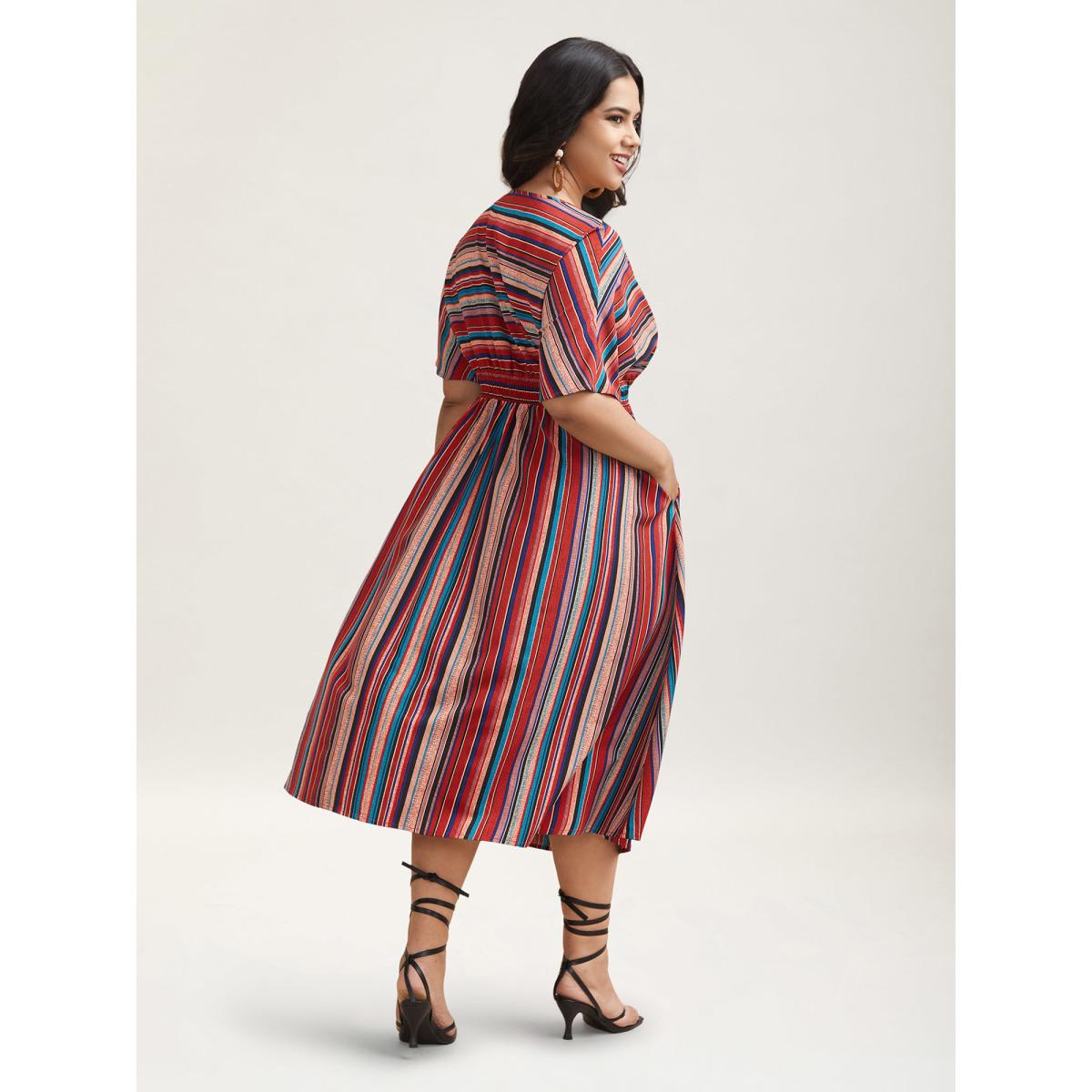 Plus Size Striped Shirred V-Neck Half Sleeve Midi Dress Scarlet Women Resort Shirred V-neck Short sleeve Curvy BloomChic 26/4X Product Image
