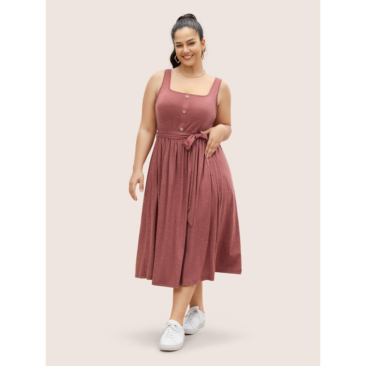 Plus Size Supersoft Essentials Button Detail Belted Gathered Dress Scarlet Women Casual Gathered Square Neck Sleeveless Curvy Midi Dress BloomChic 12/L Product Image