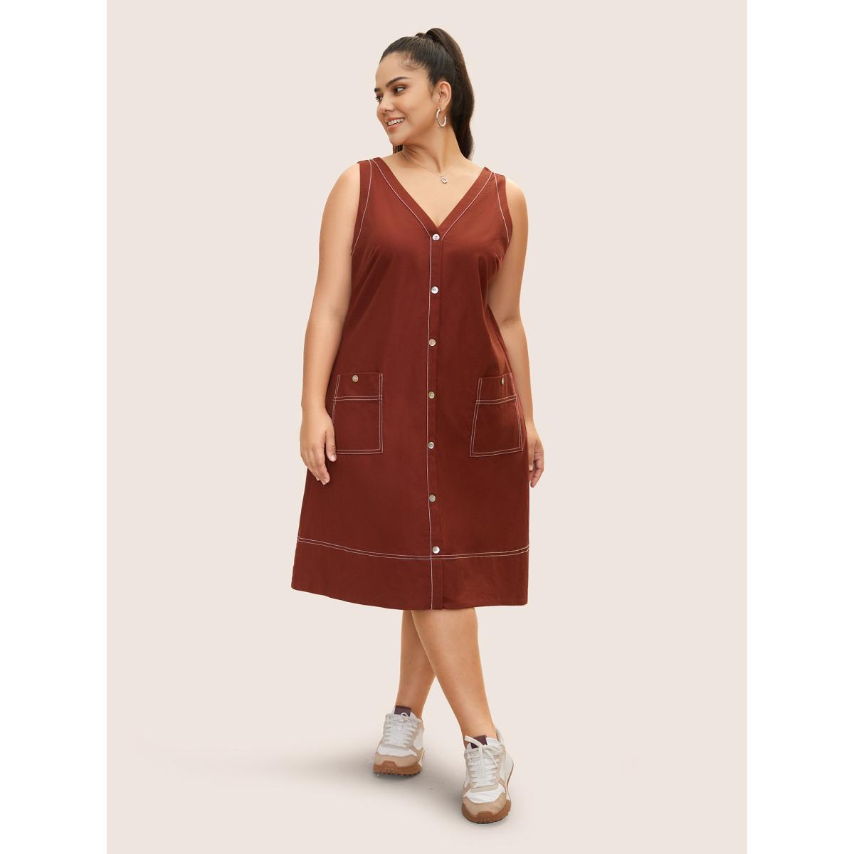 Plus Size Contrast Trim Patch Pocket Tank Dress Maroon Women Casual V-neck Sleeveless Curvy BloomChic 12/L Product Image