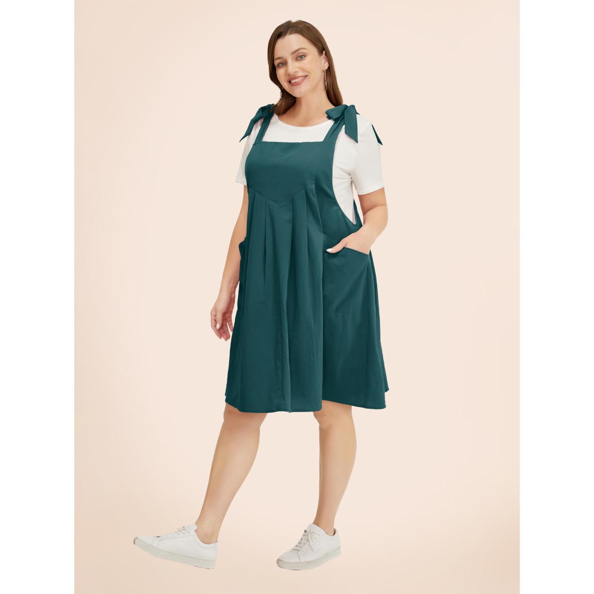 Plus Size Solid Pleated Hem Pocket Tie Shoulder Overall Dress Cyan Women Casual Pleated Spaghetti Strap Sleeveless Curvy Knee Dress BloomChic 28/5X Product Image