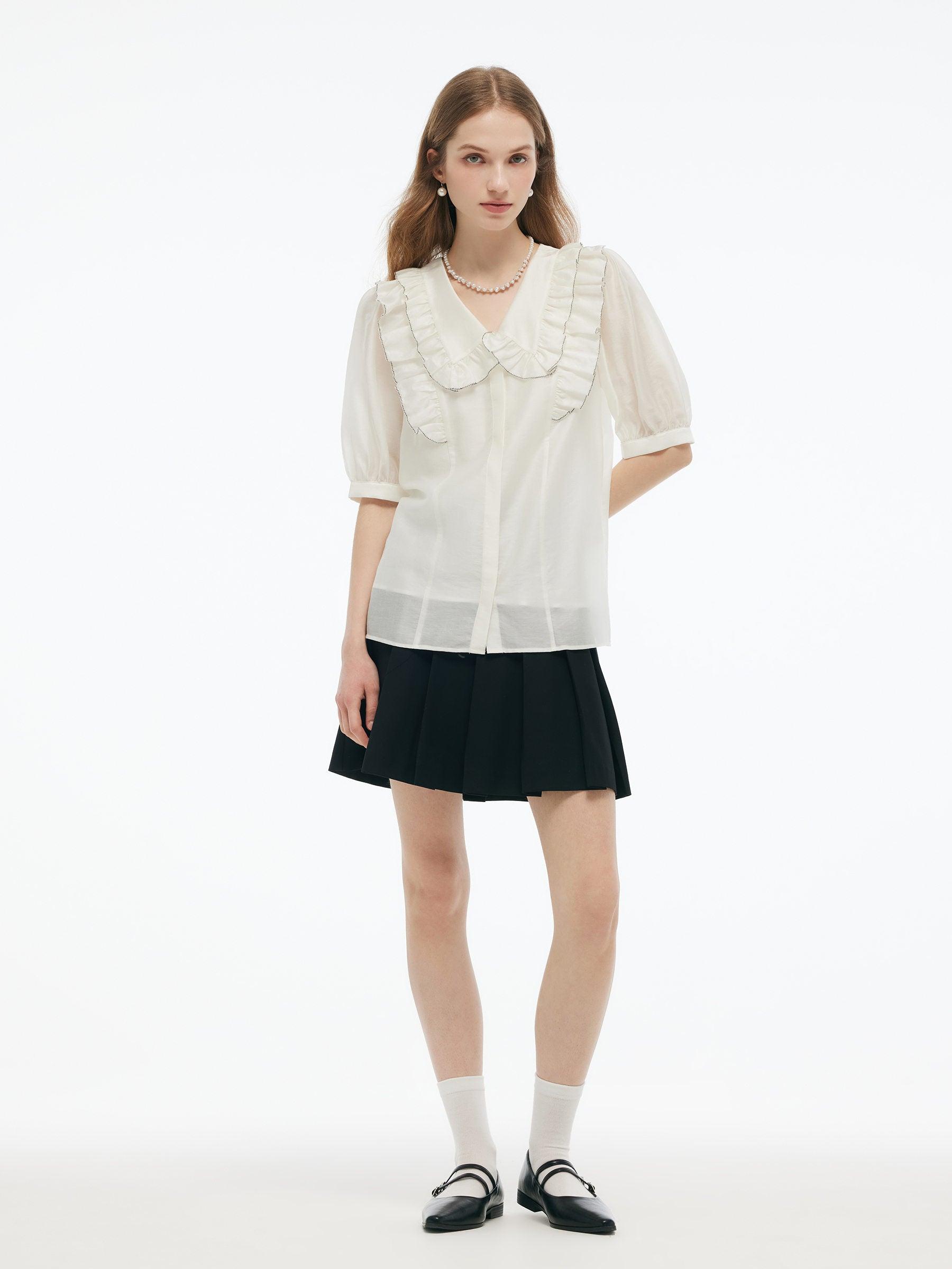 Tencel Blend Ruffle V-Neck Women Shirt With Layered Camisole Product Image