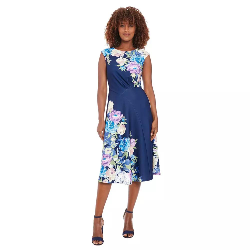 Women's London Times Floral Asymmetrical Waist Seam Fit & Flare Dress, Size: 10, Blue Blush Product Image