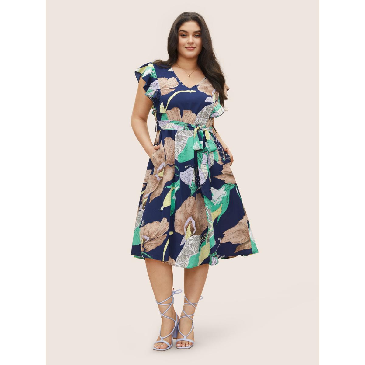 Plus Size Floral Print Flutter Sleeve Belted Midi Dress DarkBlue Women Elegant Non V-neck Cap Sleeve Curvy Midi Dress BloomChic 26/4X Product Image
