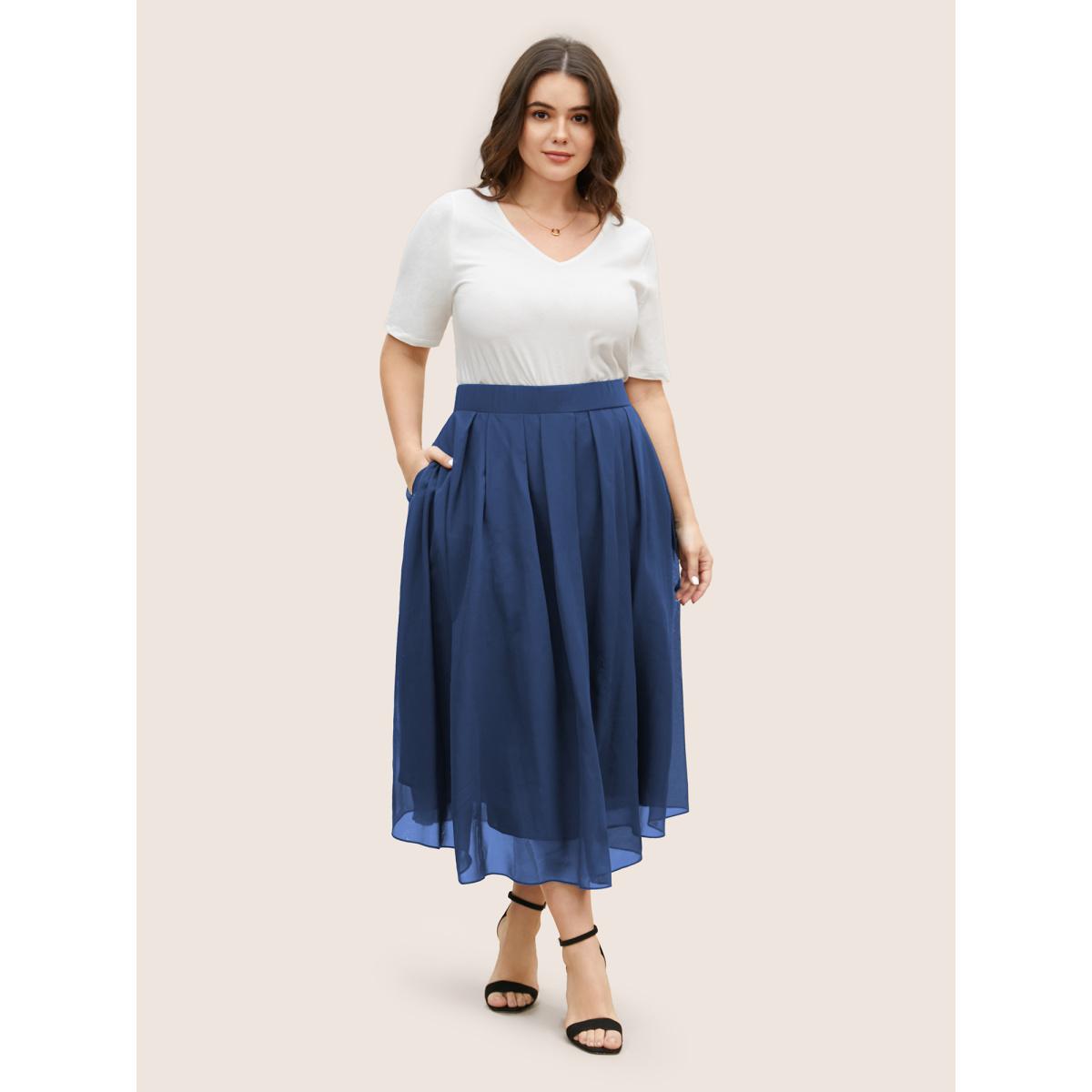 Plus Size Chiffon Solid See Through Tiered Skirt Women Navy Elegant See through No stretch Side seam pocket Everyday Skirts BloomChic 22-24/3X Product Image
