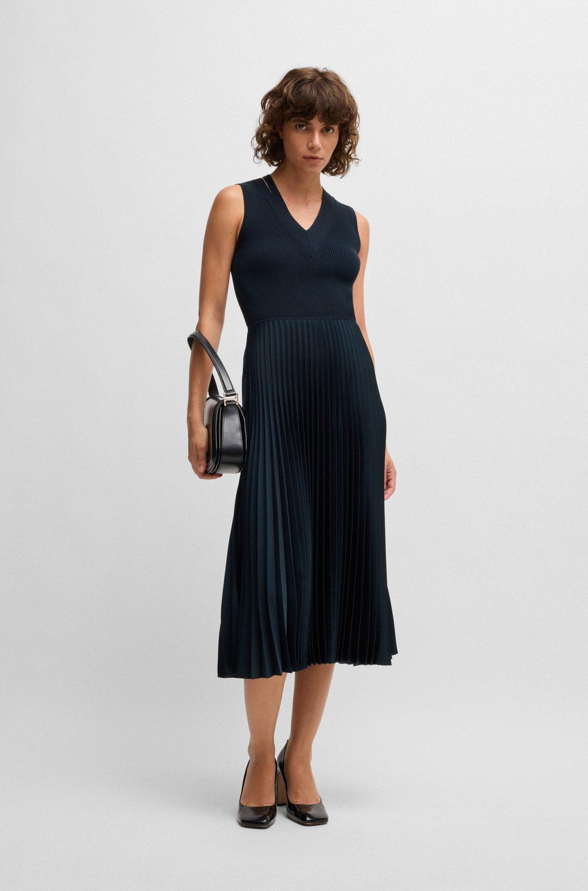BOSS - Mixed-material dress with plissé skirt - Dark Blue Product Image