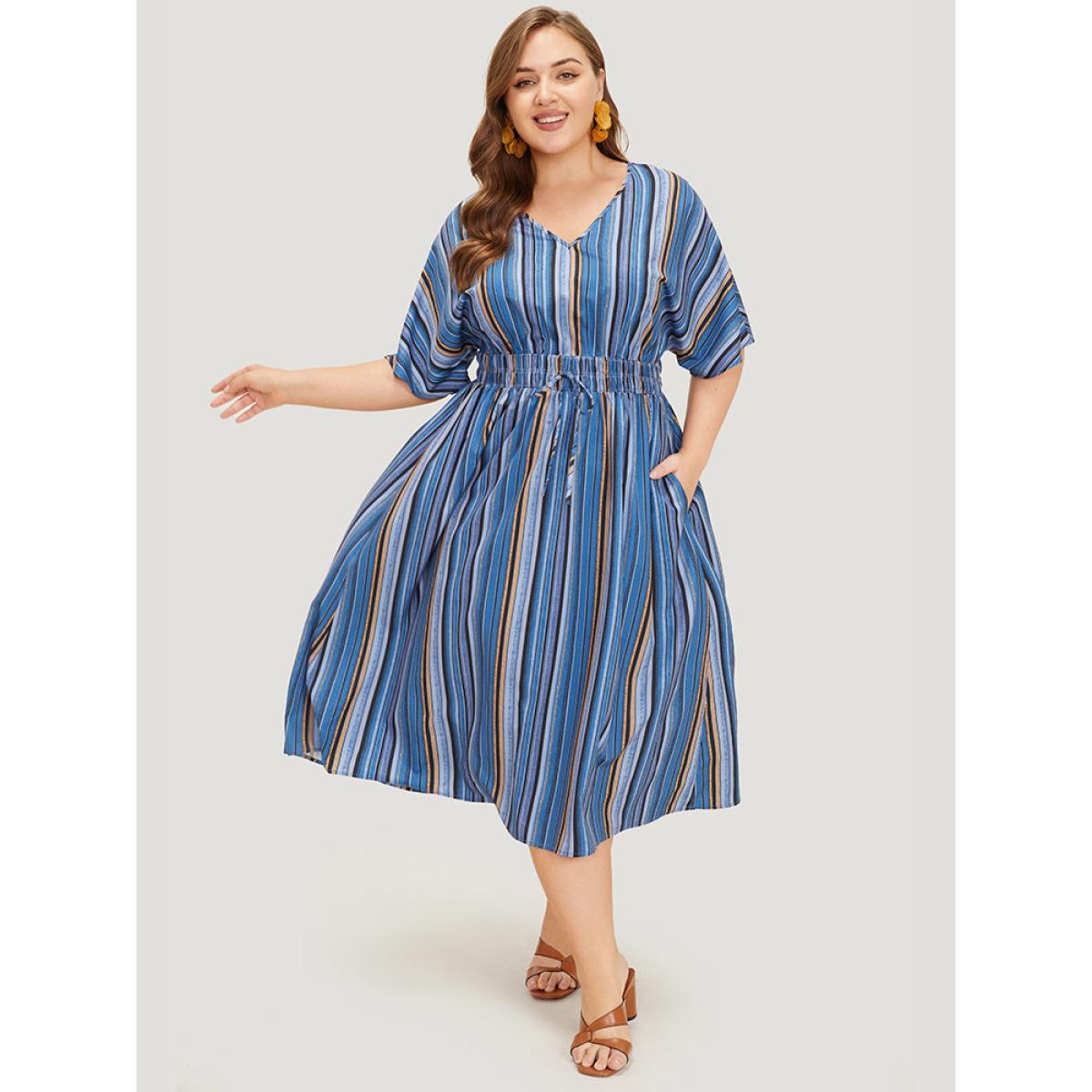 Plus Size Striped Contrast Pocket Knot Shirred Batwing Sleeve Dress Indigo Women Vacation Gathered V-neck Short sleeve Curvy Midi Dress BloomChic 22-24/3X Product Image