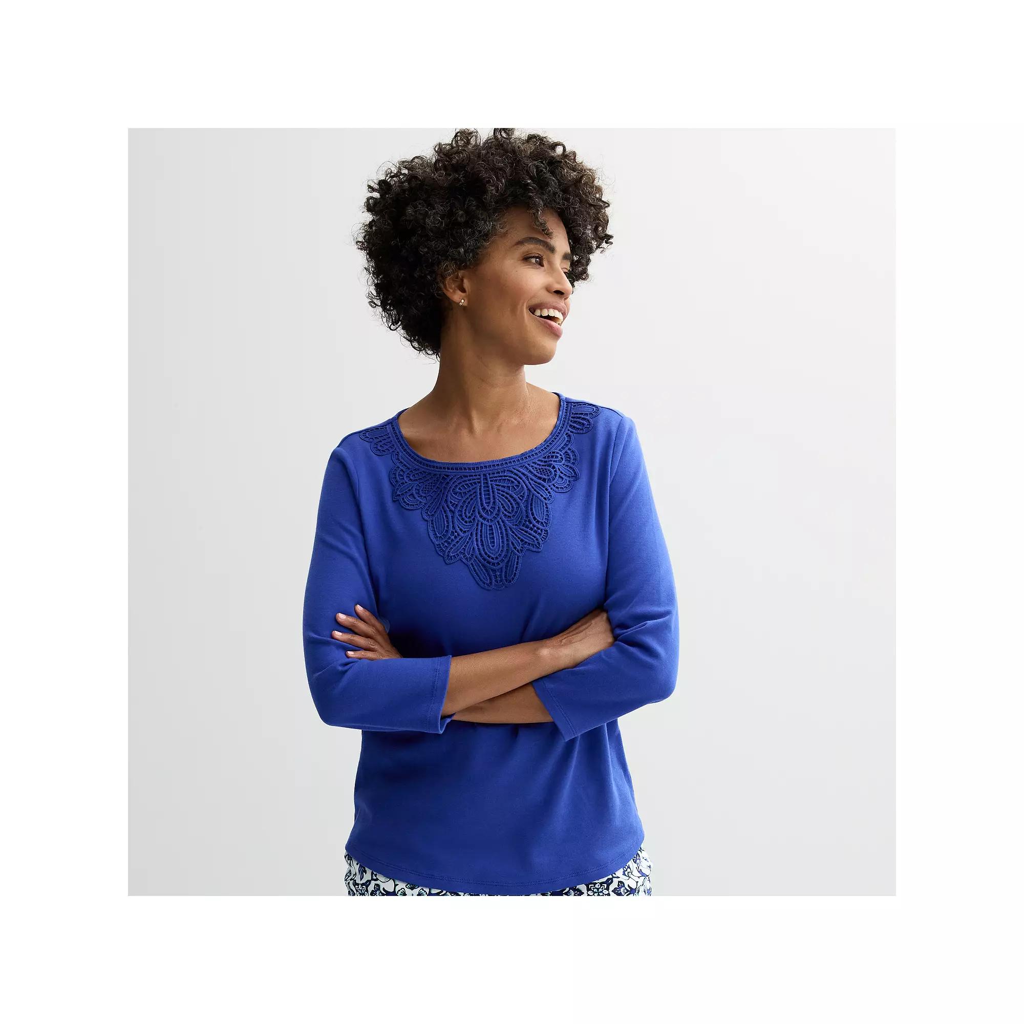 Petite Croft & Barrow® Lace Round Neck Top, Women's,  Product Image