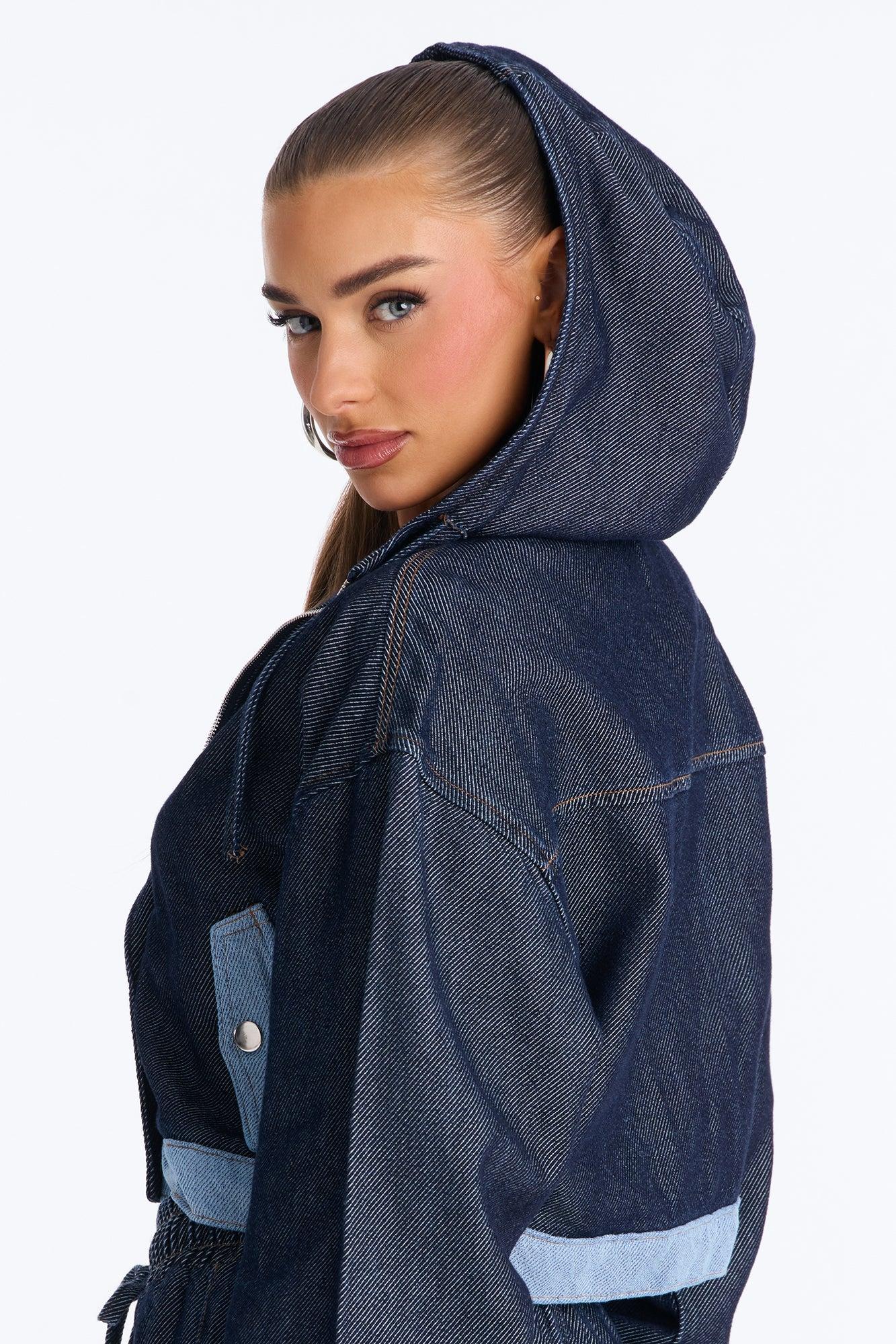 City Pulse Drapey Denim Hooded Jacket - Dark Wash Female Product Image