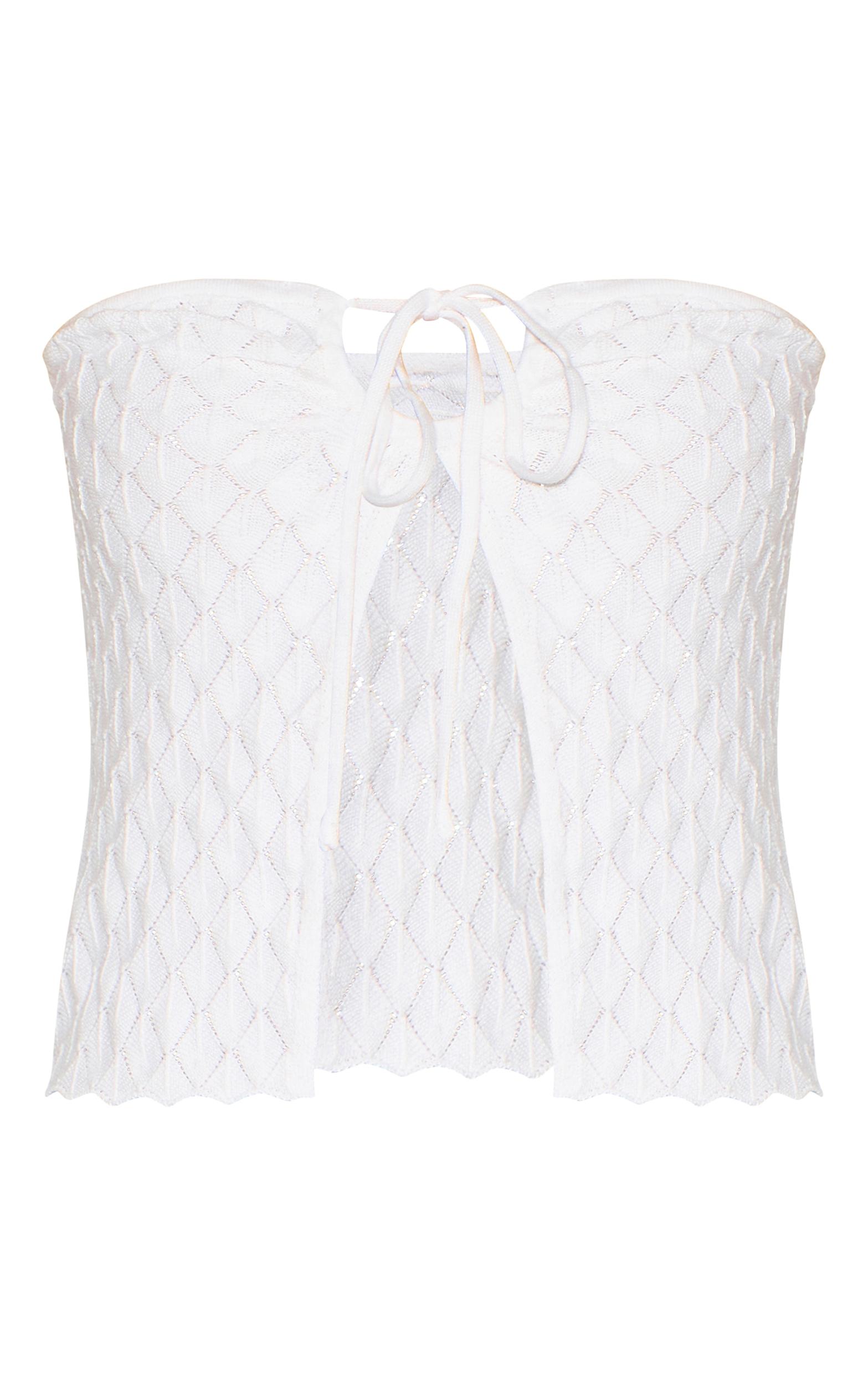 White Textured Crochet Knit Bandeau Open Top Product Image